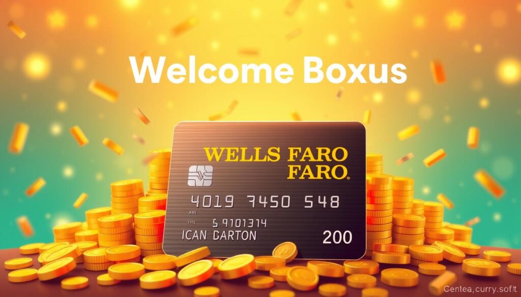 A high-resolution, digital illustration showcasing the Wells Fargo Active Cash Card welcome bonus. The foreground features the physical card design, with its sleek metallic finish and the iconic Wells Fargo logo prominently displayed. The middle ground depicts a cascade of golden coins and dollar bills, symbolizing the generous cash back rewards. The background is a vibrant, gradient-filled scene, evoking a sense of financial prosperity and growth. Warm lighting casts a soft, inviting glow, creating a welcoming and aspirational atmosphere. The composition is balanced and visually striking, highlighting the key details of the welcome bonus offer.