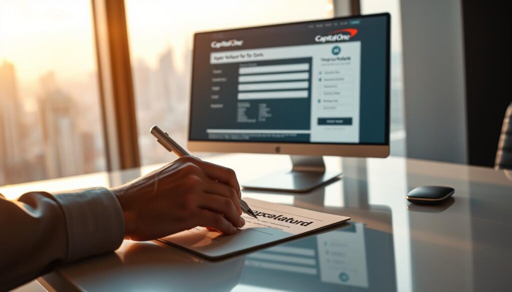 A highly detailed, photorealistic image of the Capital One Venture Rewards credit card application process. In the foreground, a person's hands are filling out an application form on a sleek, modern desk. Behind them, a computer monitor displays the online application interface, with various fields and options clearly visible. In the background, a window overlooking a city skyline casts a warm, natural light throughout the scene. The overall mood is one of professionalism and efficiency, reflecting the streamlined application experience.
