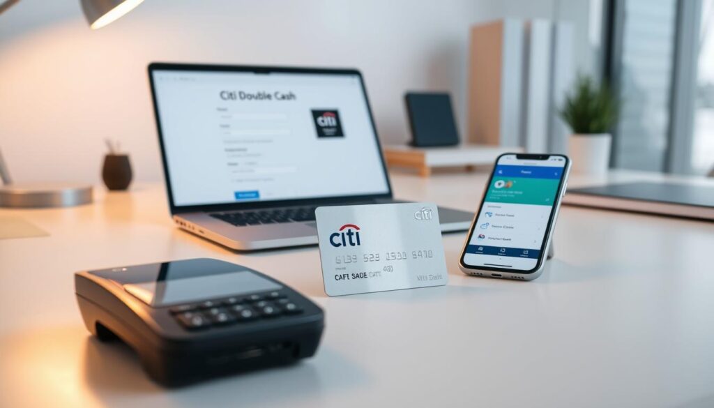 A modern, minimalist desktop scene showcasing the Citi Double Cash Card application process. In the foreground, a laptop displays the card's application form, its fields neatly filled out. Nearby, a credit card reader and a smartphone with the Citi Mobile app open, representing the digital components of the application. The middle ground features a sleek, silver Citi Double Cash Card, its reflective surface catching the warm, indirect lighting from a desk lamp. In the background, a clean, white workspace with a few tasteful office accessories creates a professional, efficient atmosphere. The overall composition emphasizes the seamless, streamlined nature of the Citi Double Cash Card application experience.