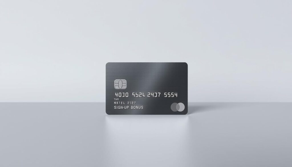 A sleek metal credit card against a modern, minimalist backdrop. The card is centered, its reflective surface catching the light from an unseen source, casting a subtle glow. The background is a muted, clean palette, allowing the card to be the focal point. The composition is balanced, with the card positioned slightly off-center, creating a sense of visual interest. The overall aesthetic is elegant, sophisticated, and inviting, reflecting the premium nature of the credit card and the sign-up bonus offer.