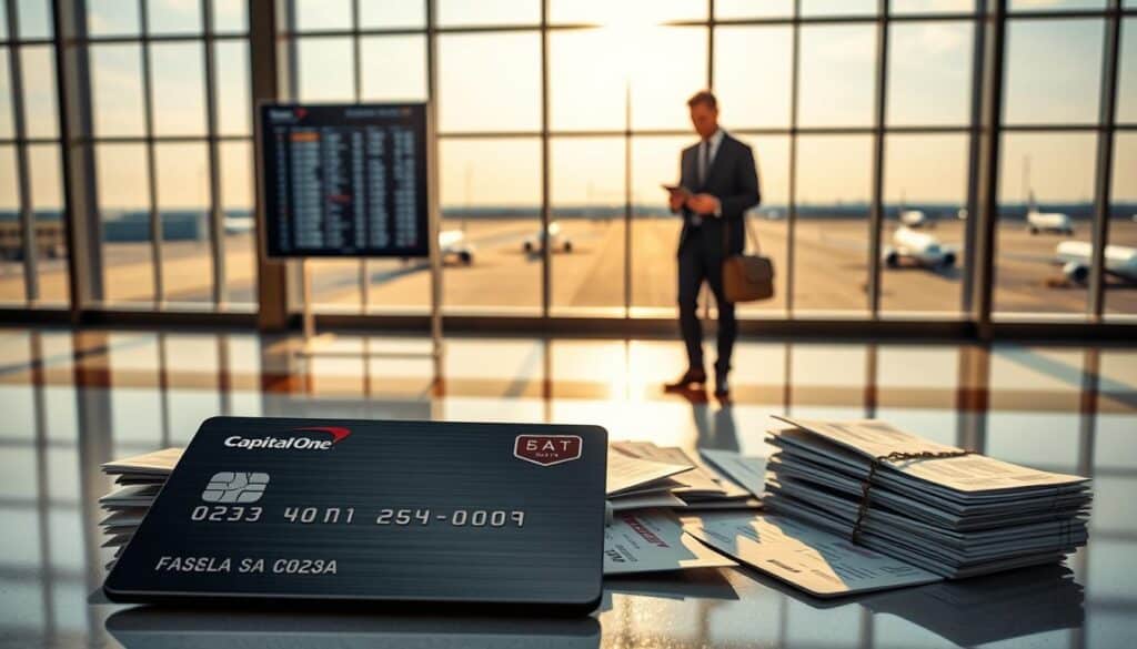 A sleek, modern airport terminal with floor-to-ceiling windows, bathed in warm, golden sunlight. In the foreground, a travel rewards credit card with the Capital One Venture Rewards logo prominently displayed, its metal surface gleaming. The card is surrounded by a scatter of airline tickets, boarding passes, and a stack of neatly organized travel receipts, hinting at the miles and rewards that have been accumulated. In the middle ground, a well-dressed business traveler stands in front of a departures board, checking their itinerary on a tablet device. The background features a panoramic view of the runway, with aircraft taking off and landing, representing the endless travel opportunities available through the card's rewards program.