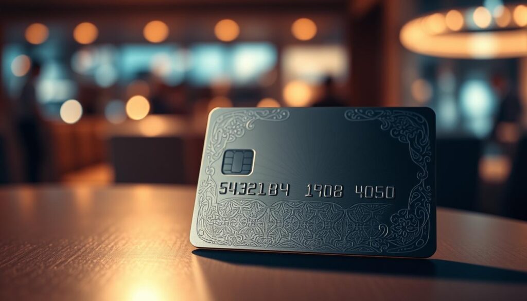 A sleek, premium credit card with a metallic sheen, reflecting the warm glow of soft lighting. The card's surface is embossed with intricate patterns, conveying a sense of luxury and sophistication. In the foreground, the card casts a subtle shadow, creating depth and dimension. The background is a blurred, out-of-focus scene, hinting at the card's versatility and the array of rewards and benefits it offers. The overall atmosphere is one of elegance, exclusivity, and the promise of unique experiences for the cardholder.