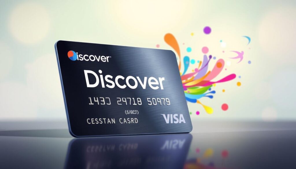 A vibrant, richly-detailed illustration of Discover's Cashback Match program. In the foreground, a stylized credit card dominates the frame, its sleek metal surface gleaming under focused lighting. The card's design prominently features the Discover logo, hinting at the core product being showcased. In the middle ground, a series of colorful, abstract shapes and patterns swirl around the card, representing the dynamic cash back rewards being earned. The background is filled with a soft, hazy gradient, lending an air of sophistication and elegance to the overall scene. The lighting is carefully crafted to create depth and dimensionality, drawing the viewer's eye to the central credit card. The mood is one of excitement and financial empowerment, reflecting the core value proposition of Discover's Cashback Match program.