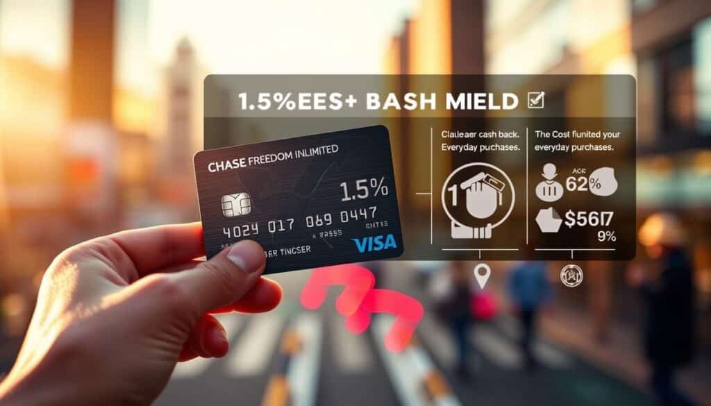 A visually striking image depicting the strategic maximization of Chase Freedom Unlimited® benefits. In the foreground, a person's hand holds a Chase Freedom Unlimited® card, its metallic surface gleaming under warm, directional lighting. In the middle ground, a stylized visualization of the card's 1.5% cash back reward system, with elegant data visualizations and infographic elements. The background features a blurred cityscape, symbolizing the ubiquity of everyday purchases where the card's benefits can be applied. The overall scene conveys a sense of financial empowerment, optimization, and the seamless integration of the card into one's daily life.