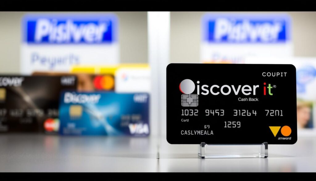 A well-lit side-by-side comparison of credit cards, with the Discover it® Cash Back card prominently displayed in the foreground. The card is shown from a slightly elevated angle, allowing its key features and rewards program to be clearly visible. In the background, blurred images of competitor cards provide context, inviting the viewer to consider the advantages of the Discover it® Cash Back card. The overall composition is clean, professional, and designed to showcase the card's benefits in a visually engaging manner.