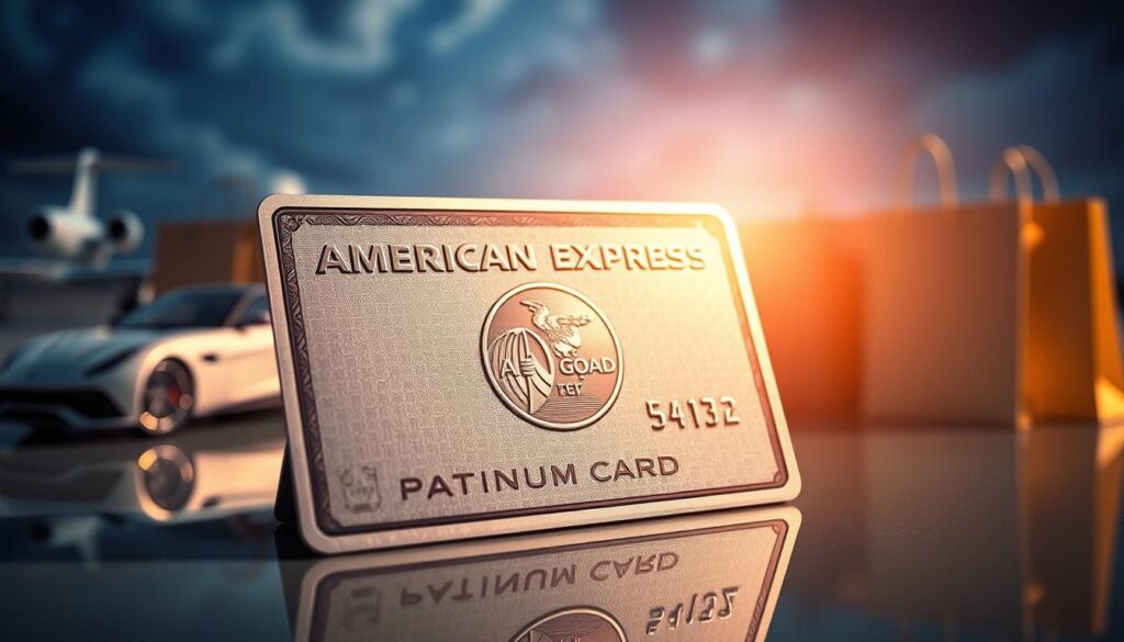 Detailed close-up of an American Express Platinum credit card, captured in high-resolution. The card is backlit, casting a warm glow and highlighting the intricate embossed design. The surface reflects the light, creating a sleek, premium appearance. In the background, an array of luxury lifestyle icons such as a private jet, sports car, and shopping bags subtly suggest the exclusive benefits associated with the Platinum Card. The overall composition conveys a sense of sophistication, prestige, and the elevated experiences accessible to Platinum Card holders.