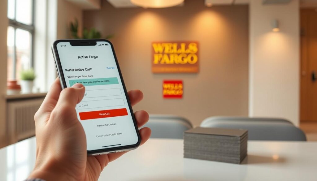 Elegant and modern Wells Fargo Active Cash credit card application process. In the foreground, a person's hands holding a smartphone, filling out an online application form with clean interface. In the middle ground, a stack of credit cards and a Wells Fargo logo, conveying the application is for the Active Cash card. The background is a soft, out-of-focus corporate office setting with minimalist decor, suggesting a professional, trustworthy financial institution. Warm, natural lighting from windows illuminates the scene, creating a welcoming atmosphere. The overall composition evokes efficiency, simplicity, and the convenience of a seamless digital application experience.