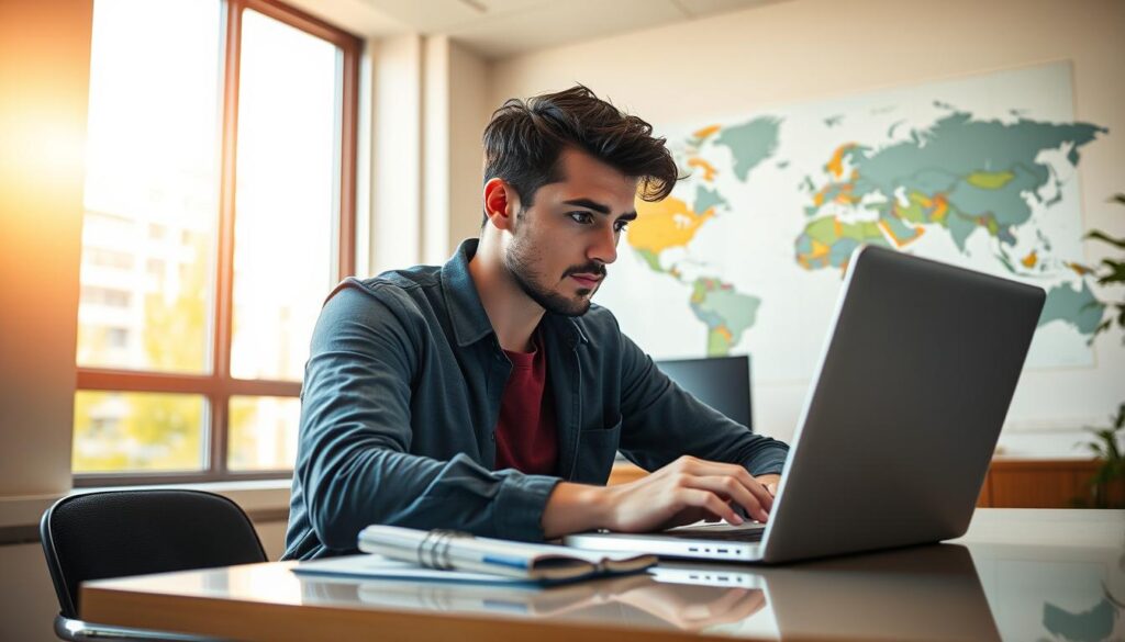A dynamic, high-resolution image of a person sitting at a desk in a modern, well-lit office, intently studying a laptop screen. In the background, a world map is displayed on the wall, symbolizing the global reach of online education. Warm, natural lighting streams in through large windows, creating a sense of openness and possibility. The person's expression is one of focused determination, highlighting the accessibility and opportunity presented by accessing courses from Spain. The overall scene conveys a feeling of empowerment and international connection.