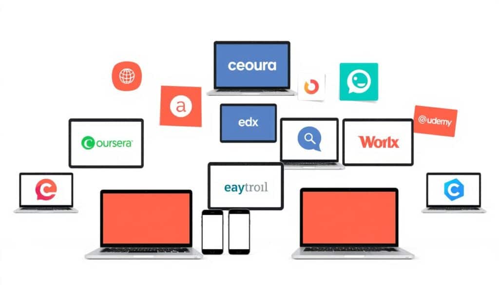 A modern, high-quality digital illustration depicting the main online platforms and websites that offer free courses in the United States. The scene features a clean, minimalist design with various laptop, tablet, and mobile device icons arranged in a dynamic, grid-like layout against a simple, neutral background. The devices display logos and names of well-known free course providers such as Coursera, edX, Udemy, and others. The composition is balanced, with a clear focal point and a sense of depth created through the layering of the elements. The overall mood is professional, informative, and inviting, reflecting the educational nature of the subject matter.