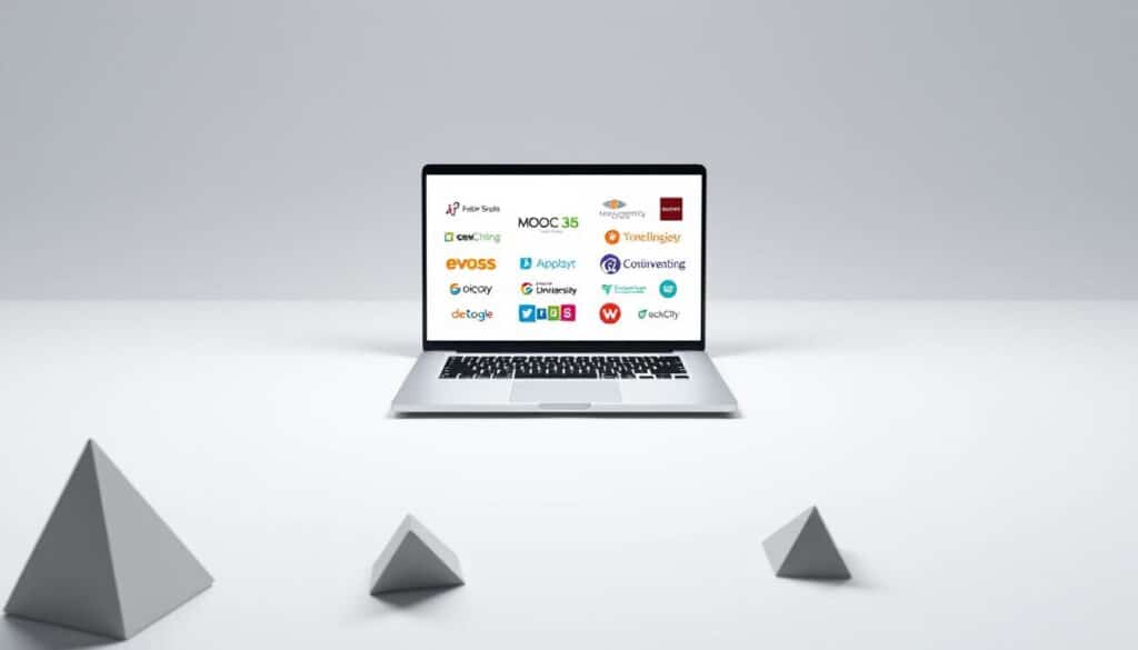 A modern, minimalist digital platform showcasing a variety of online learning opportunities. Centered in the frame, a clean-lined, brightly-lit laptop display shows a selection of MOOC (Massive Open Online Course) logos against a neutral, slightly textured background. In the foreground, a few abstract geometric shapes in muted tones frame the laptop, creating a sense of depth. The overall atmosphere is one of simplicity, accessibility, and educational empowerment.