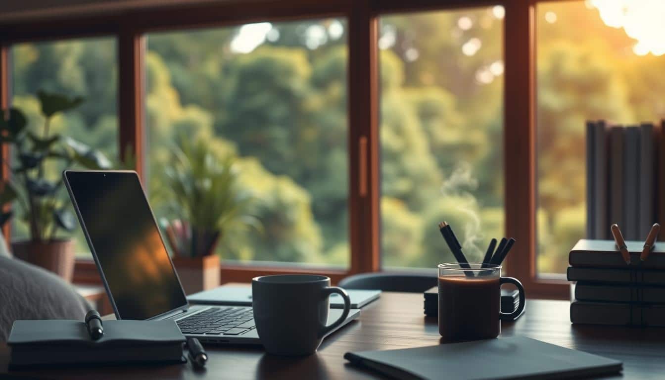 A serene online learning environment, with a cozy home office setup in the foreground. A laptop, a mug of steaming coffee, and neatly organized school supplies create a focused, productive atmosphere. The background features a large, airy window overlooking a lush, verdant landscape, bathed in warm, natural lighting. Soft, ambient music plays in the background, creating a calming, immersive educational experience. The overall mood is one of tranquility, concentration, and a sense of personal growth and enrichment.