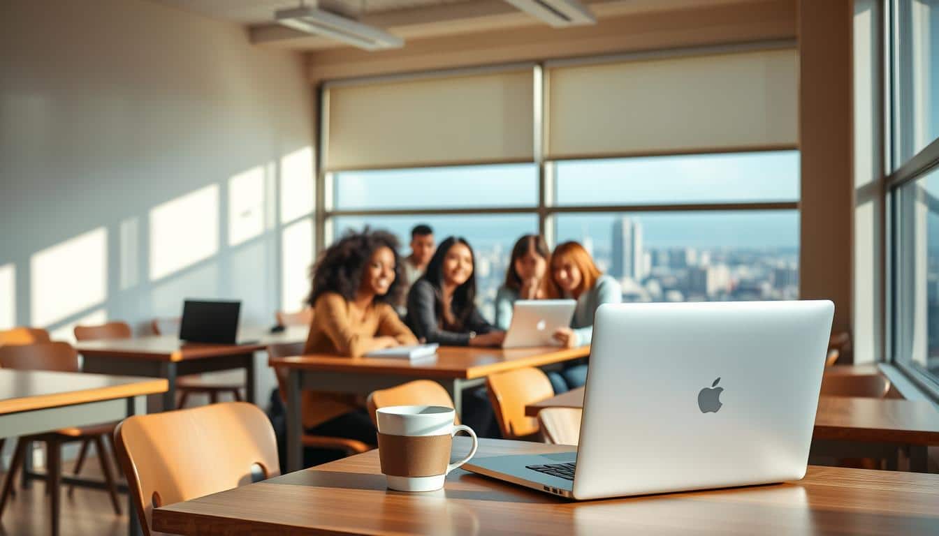 A serene, sunlit classroom with desks and chairs arranged in a cozy, intimate setting. In the foreground, a sleek laptop and a cup of coffee sit atop a wooden desk, hinting at the digital nature of the educational experience. The middle ground features a group of diverse students, their faces alight with curiosity and engagement as they collaborate on a project. In the background, large windows offer a panoramic view of a vibrant cityscape, symbolizing the global reach and accessibility of online learning. Warm, soft lighting creates a welcoming atmosphere, while the overall composition conveys a sense of productivity, growth, and the seamless integration of technology and education.