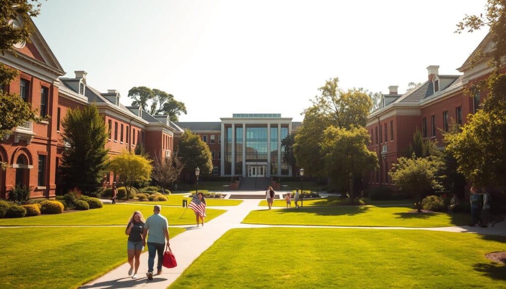 A serene university campus nestled amidst lush greenery, with stately brick buildings adorned with classic architectural elements. In the foreground, students stroll along well-manicured paths, deep in thoughtful discussion. In the middle ground, a modern, glass-fronted academic building stands as a testament to the institution's commitment to innovation. The background is framed by a cloudless, azure sky, conveying a sense of openness and possibilities. The scene is bathed in warm, golden sunlight, creating a welcoming and inviting atmosphere. This image captures the essence of American universities offering free educational programs, where knowledge and growth flourish in a harmonious, inspiring setting.