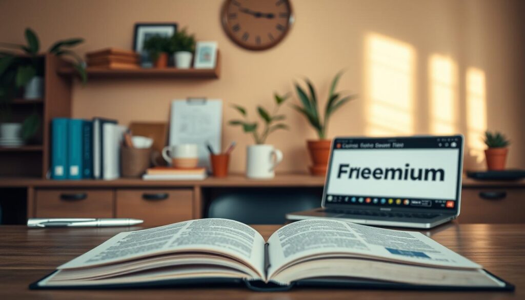 A serene, well-lit interior scene depicting the contrasting concepts of "cursos gratuitos" (free courses) and "freemium" (partially free) educational offerings. In the foreground, an open book showcases the accessibility and affordability of free online courses, while in the middle ground, a laptop displays the freemium model with partially free content and premium upgrades. The background features a tasteful arrangement of office supplies, plants, and a warm, neutral-toned wall, creating a professional, yet inviting atmosphere. The lighting is soft and natural, highlighting the contrast between the two educational approaches. The overall composition conveys a sense of thoughtful consideration of the practical and financial aspects of online learning opportunities.