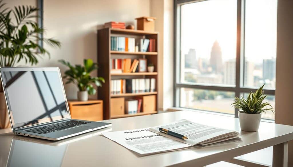 A serene, well-lit office setting with a warm, inviting atmosphere. In the foreground, a clean, minimalist desk with a laptop, a stack of documents labeled "Requisitos de Elegibilidad," and a pen resting next to them. On the desk, a potted plant adds a touch of nature. The middle ground features a bookshelf filled with neatly organized textbooks and reference materials. The background depicts a large window overlooking a cityscape, allowing natural light to flood the room, creating a sense of openness and possibility. The overall composition conveys a professional, yet accessible environment, well-suited for exploring the requirements and eligibility for free courses in the United States.