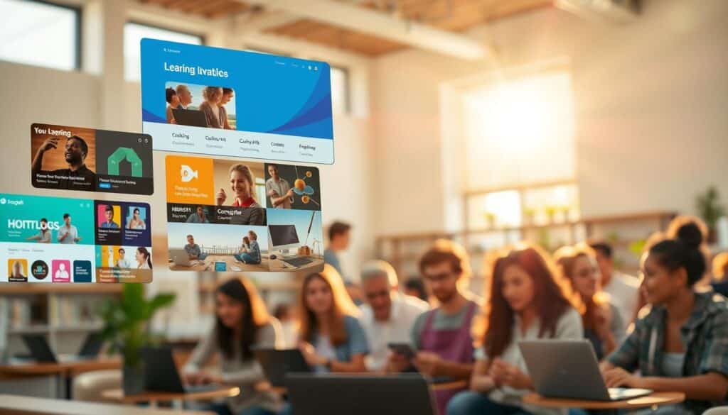 A sun-drenched online learning hub, with a vibrant array of course options floating in the foreground. Sleek, modern interfaces showcase a diverse curriculum, from coding to culinary arts, all accessible through intuitive navigation. In the middle ground, students of various backgrounds engage enthusiastically, connected by the shared experience of expanding their knowledge for free. The background gently blurs, evoking a sense of boundless opportunities and a world of knowledge at one's fingertips. Warm, inviting lighting and a clean, minimalist aesthetic create an atmosphere of productivity and intellectual growth.