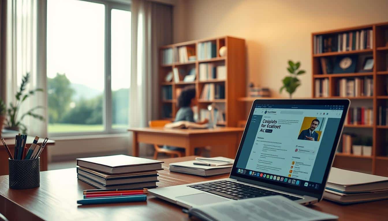 A tranquil online classroom setting, bathed in warm natural light. In the foreground, a laptop displaying course materials, surrounded by stationery and study materials. In the middle ground, a student sitting at a wooden desk, deeply engrossed in their studies. The background features a bookshelf filled with educational resources and a large window overlooking a serene outdoor scene, conveying a sense of focus and intellectual growth. The overall mood is one of contemplative productivity, reflecting the opportunity to learn new skills from the comfort of one's own space.