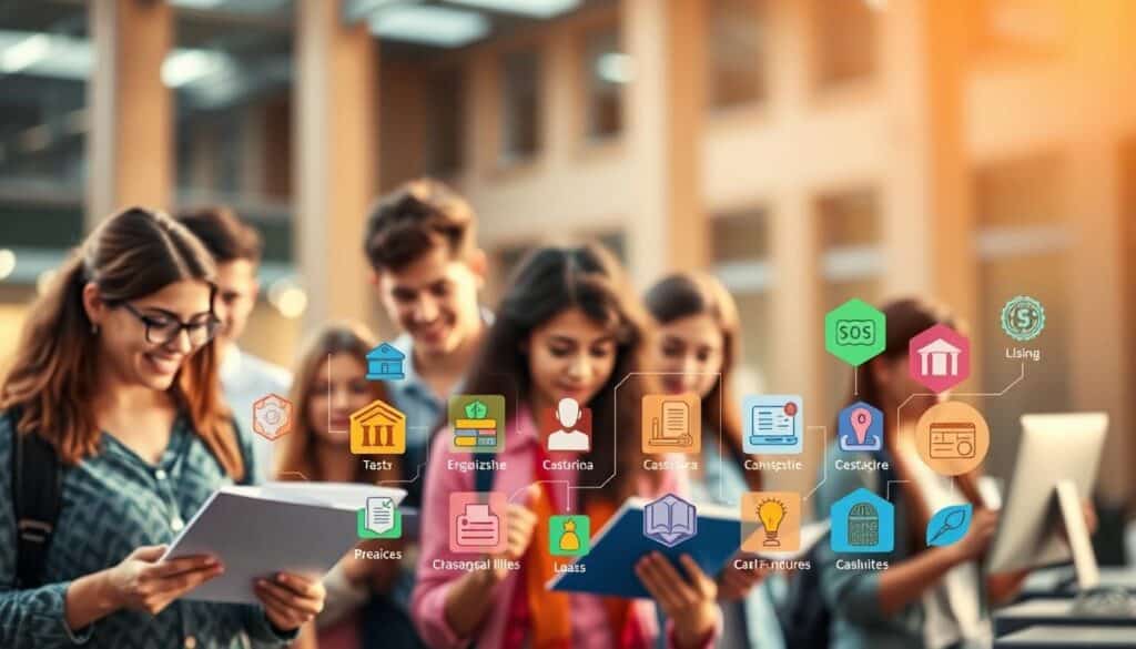 A vibrant and informative image showcasing the concept of "becas y ayudas financieras" (scholarships and financial aid). In the foreground, a group of diverse students eagerly examining documents and computer screens, representing the process of researching and applying for financial assistance. The middle ground features an array of colorful icons and graphical elements symbolizing the different types of scholarships, grants, and loans available. In the background, a blurred image of a university campus or educational institution, conveying the academic setting. The lighting is warm and inviting, creating a sense of optimism and opportunity. The overall composition is balanced and visually appealing, reflecting the importance and accessibility of financial aid for educational pursuits.