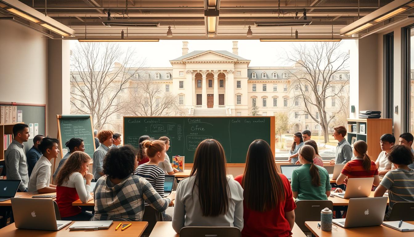 A vibrant and welcoming scene depicting free education in the United States. In the foreground, a diverse group of students of all ages and backgrounds gather around a large chalkboard, enthusiastically engaged in a lively discussion. The middle ground showcases a modern, well-equipped classroom with desks, laptops, and educational supplies, all bathed in warm, natural lighting. In the background, the iconic architecture of a prestigious university campus provides a stately and inspiring backdrop, symbolizing the accessible opportunities for higher learning. The overall atmosphere conveys a sense of inclusivity, intellectual curiosity, and the transformative power of free and accessible education.