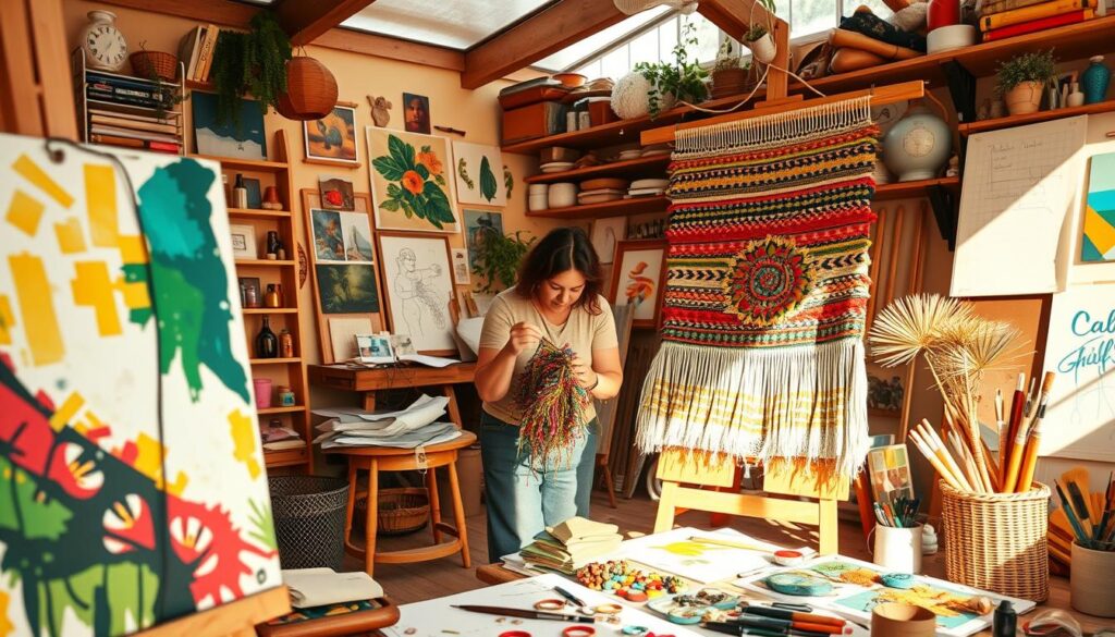 A vibrant, artistically rendered scene depicting the joy and creativity of hobbies and personal development. In the foreground, an expressive abstract painting takes shape, the artist's brushstrokes imbued with a sense of energy and passion. In the middle ground, a skilled crafter intricately weaves a colorful tapestry, their hands moving with practiced grace. In the background, a well-appointed studio space bustles with an array of art supplies, sketches, and inspiring works-in-progress, all bathed in warm, natural lighting that casts a soft, inviting glow. The overall atmosphere conveys a sense of fulfillment, self-expression, and the boundless potential of pursuing one's creative interests.