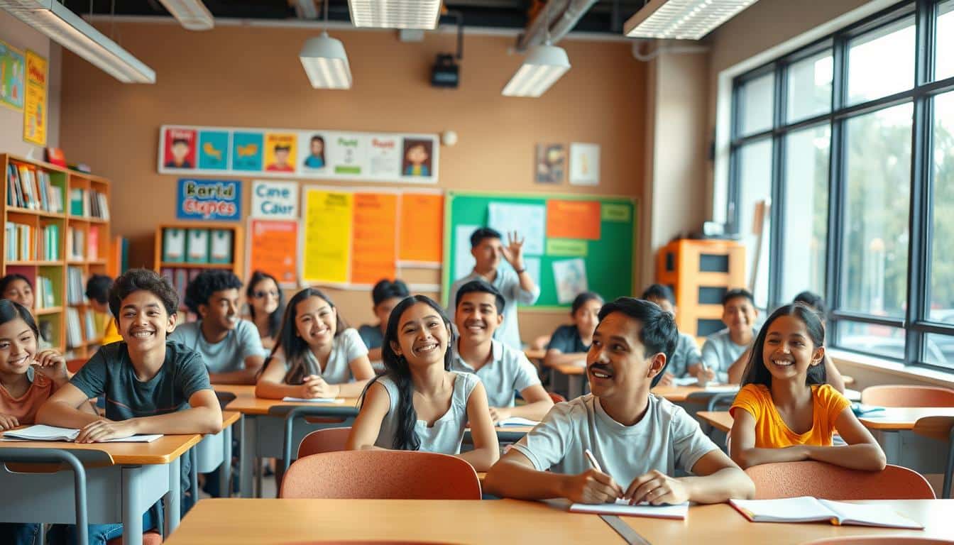 A vibrant classroom scene, filled with eager students of diverse backgrounds, engaged in lively discussions. The foreground showcases a group of students seated at modern desks, their faces alight with the joy of learning. In the middle ground, a passionate teacher gesticulates, guiding the class with enthusiasm. The background depicts a well-equipped classroom, with shelves of books, colorful educational posters, and large windows that flood the space with warm, natural light. The overall atmosphere conveys a sense of inclusivity, opportunity, and the transformative power of free education.