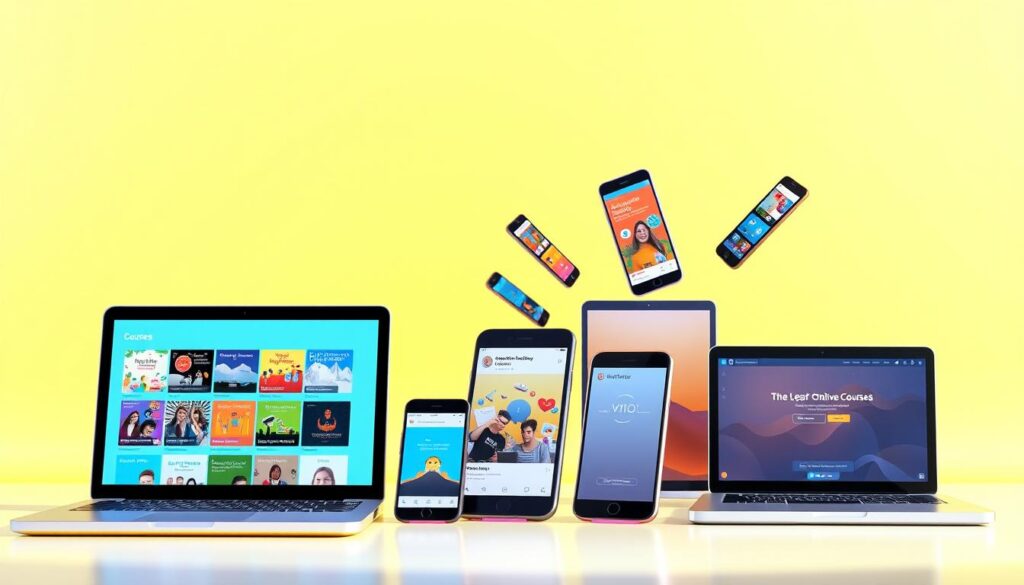 A vibrant, digitally-rendered scene depicting a collection of online learning platforms offering free courses. In the foreground, a stylized laptop screen showcases a diverse range of course categories and subject matter. In the middle ground, a group of smartphones, tablets, and laptops are arranged in a dynamic composition, representing the accessibility and flexibility of these digital learning tools. The background features a clean, minimalist interface with subtle geometric shapes and gradients, conveying a sense of modern, streamlined technology. The overall atmosphere is bright, inviting, and visually engaging, capturing the essence of accessible, free educational opportunities in the digital age.