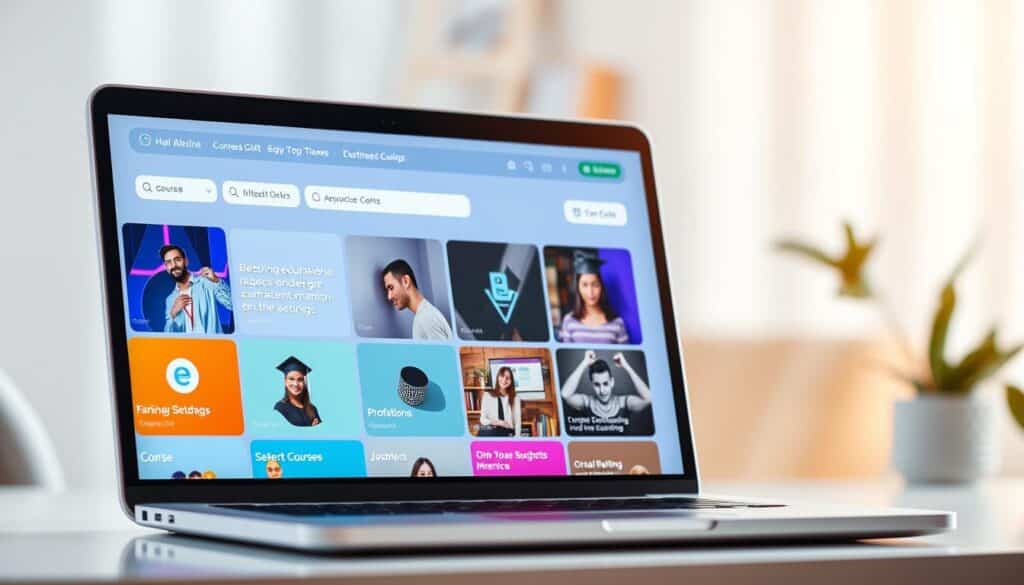 A vibrant online education platform with a clean, modern interface. Featuring various course categories displayed on stylish tiles, inviting users to explore a diverse range of subjects. The platform is set against a soft, blurred background, drawing focus to the content and layout. Subtle lighting casts a warm, welcoming glow, creating a sense of approachability and accessibility. The overall composition is balanced and visually appealing, reflecting the ease and convenience of accessing educational resources online.