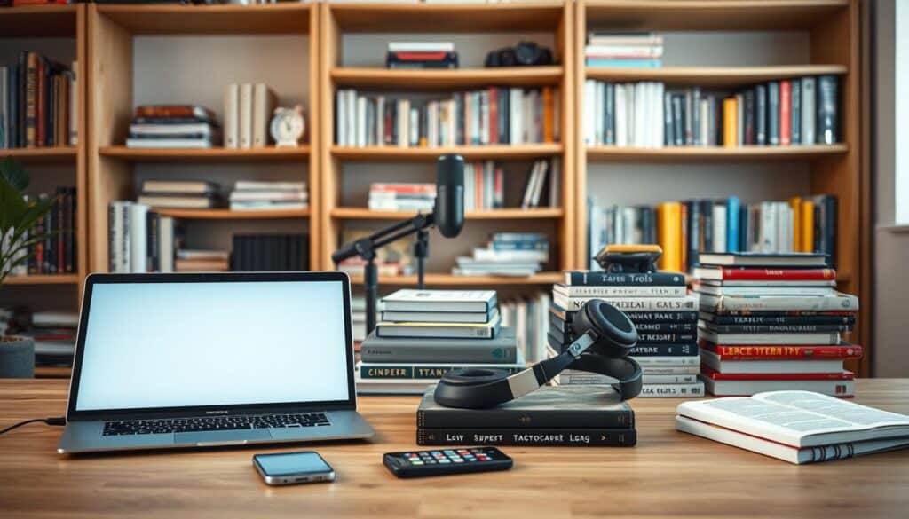 A well-lit, high-resolution image of a modern translation tools workspace. In the foreground, a laptop, smartphone, and several language dictionaries are neatly arranged on a minimalist wooden desk. The middle ground features a pair of high-quality noise-cancelling headphones, a microphone, and a stack of translation manuals. In the background, shelves hold a diverse collection of language-learning books and software. The overall atmosphere is calm, focused, and conducive to productive language study. The lighting is soft and diffused, creating a warm, inviting ambiance. The camera angle is slightly elevated, providing a comprehensive view of the translation tools and the workspace.