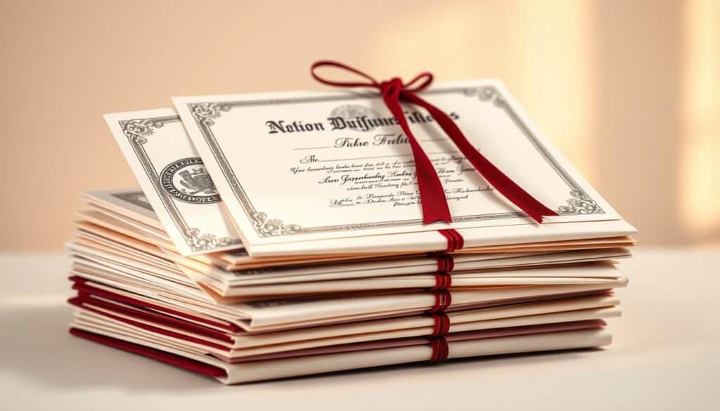 Certificaciones: A Stack of Elegant Diplomas A stack of beautifully crafted diplomas and certificates, elegantly arranged against a soft, blurred background. The certificates feature intricate designs, seals, and ribbons, conveying a sense of academic accomplishment and validity. Warm, gentle lighting casts subtle shadows, highlighting the textures and details of the documents. The composition is balanced, with the certificates taking center stage, surrounded by a clean, minimalist space that allows them to shine. The overall mood is one of professionalism, achievement, and the value of formal educational credentials.