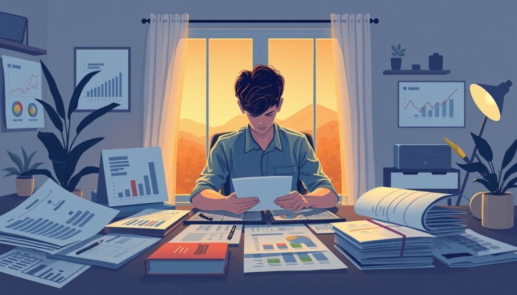 A beautifully detailed personal finance illustration. In the foreground, a person sits at a desk, meticulously organizing their accounts and budgets. The middle ground features charts, graphs, and financial documents, conveying a sense of careful planning and analysis. In the background, a warm, ambient lighting sets a contemplative mood, with subtle hints of the Mexican landscape visible through a window. The composition emphasizes balance, control, and a thoughtful approach to personal finance, reflecting the practical advice and strategies discussed in the article.
