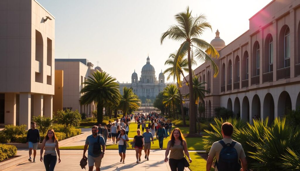 A bustling Mexican university campus, illuminated by warm afternoon sunlight. In the foreground, students stroll past modern architectural structures, their facades adorned with distinct Mexican design elements. The middle ground features lush, verdant landscaping, with palm trees swaying gently. In the background, the silhouettes of iconic domes and spires rise, representing the historical legacy of higher education in Mexico. The scene conveys a vibrant, energetic atmosphere, reflecting the spirit of academic exploration and opportunity within the country.