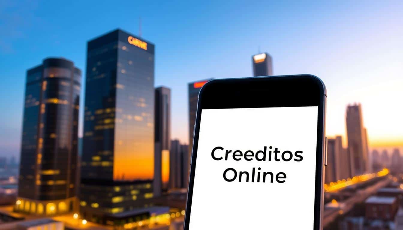 A bustling city skyline at dusk, with modern high-rise buildings bathed in warm, golden light. In the foreground, a sleek, minimalist mobile device display prominently features the phrase "Créditos Online" against a clean, uncluttered background. The interface is intuitive and user-friendly, conveying a sense of efficiency and security. The overall scene evokes a feeling of convenience, accessibility, and financial empowerment in the digital age.