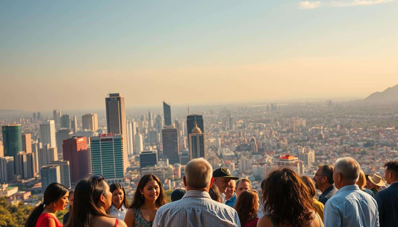 A bustling city skyline in Mexico, with towering skyscrapers and vibrant colors. In the foreground, a group of people gathered, discussing financial options and strategies, their expressions animated and thoughtful. The scene is bathed in warm, golden light, creating a sense of hope and opportunity. In the background, a sprawling metropolis stretches out, representing the diverse financial landscape of the country. The overall composition conveys a sense of community, collaboration, and a commitment to finding solutions to financial challenges.