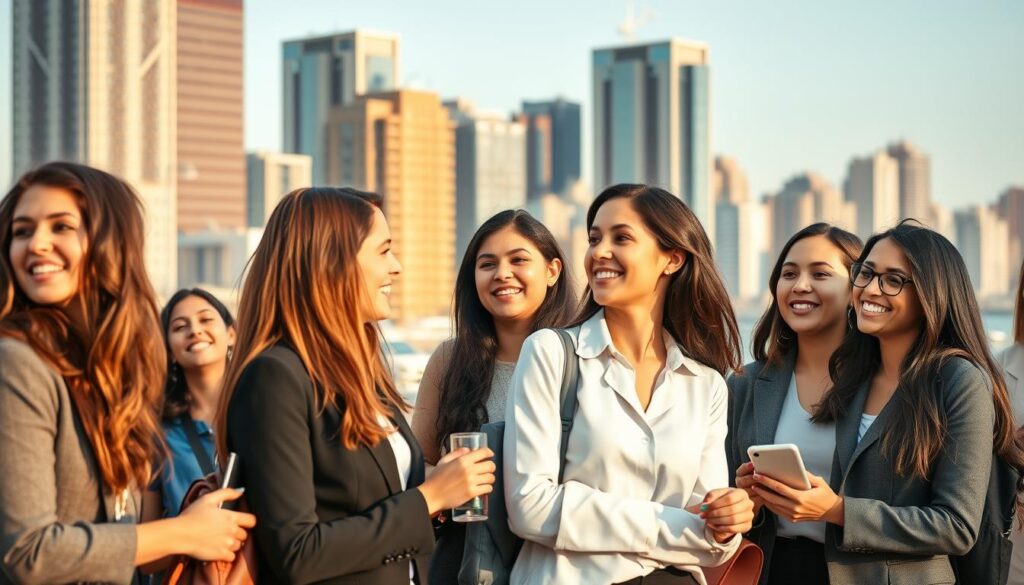 A bustling city skyline, with modern high-rise buildings and a vibrant energy. In the foreground, a group of young, diverse women dressed in professional attire, engaged in animated conversations, networking, and exploring career opportunities. The scene is bathed in warm, golden sunlight, casting a sense of optimism and opportunity. The women's expressions convey a mix of confidence, ambition, and determination, reflecting the spirit of recent graduates embarking on their professional journeys. The background is slightly blurred, allowing the women to be the central focus, symbolizing the potential and possibilities that await them in the Mexican job market.