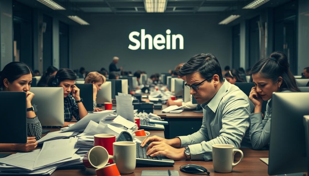A bustling customer service office, with rows of cubicles and frustrated customers on the phone. The atmosphere is tense, with furrowed brows and clenched fists. In the foreground, a harried agent types furiously, struggling to keep up with the influx of complaints. The middle ground features a jumble of paperwork and half-empty coffee cups, reflecting the chaos. In the background, a large Shein logo looms, casting a shadow over the entire scene. The lighting is harsh, casting dramatic shadows and highlighting the stress and frustration on the faces of the employees. The overall mood is one of overwhelm and discontentment, capturing the essence of the customer service issues reported about Shein. A bustling customer service office, with rows of cubicles and frustrated customers on the phone. The atmosphere is tense, with furrowed brows and clenched fists. In the foreground, a harried agent types furiously, struggling to keep up with the influx of complaints. The middle ground features a jumble of paperwork and half-empty coffee cups, reflecting the chaos. In the background, a large Shein logo looms, casting a shadow over the entire scene. The lighting is harsh, casting dramatic shadows and highlighting the stress and frustration on the faces of the employees. The overall mood is one of overwhelm and discontentment, capturing the essence of the customer service issues reported about Shein.