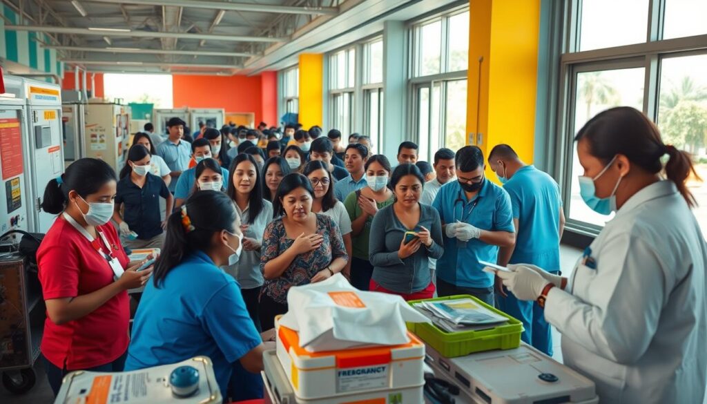 A bustling emergency response center in Mexico, with medical professionals and volunteers providing aid and assistance. The foreground depicts a well-equipped medical bay, with emergency supplies and modern equipment. In the middle ground, people of diverse backgrounds receive care and attention, their faces expressing both relief and gratitude. The background showcases the vibrant architecture of the facility, with large windows allowing natural light to flood the space, creating a warm and welcoming atmosphere. The overall scene conveys a sense of urgency, compassion, and the unwavering commitment to supporting those in need during times of crisis.
