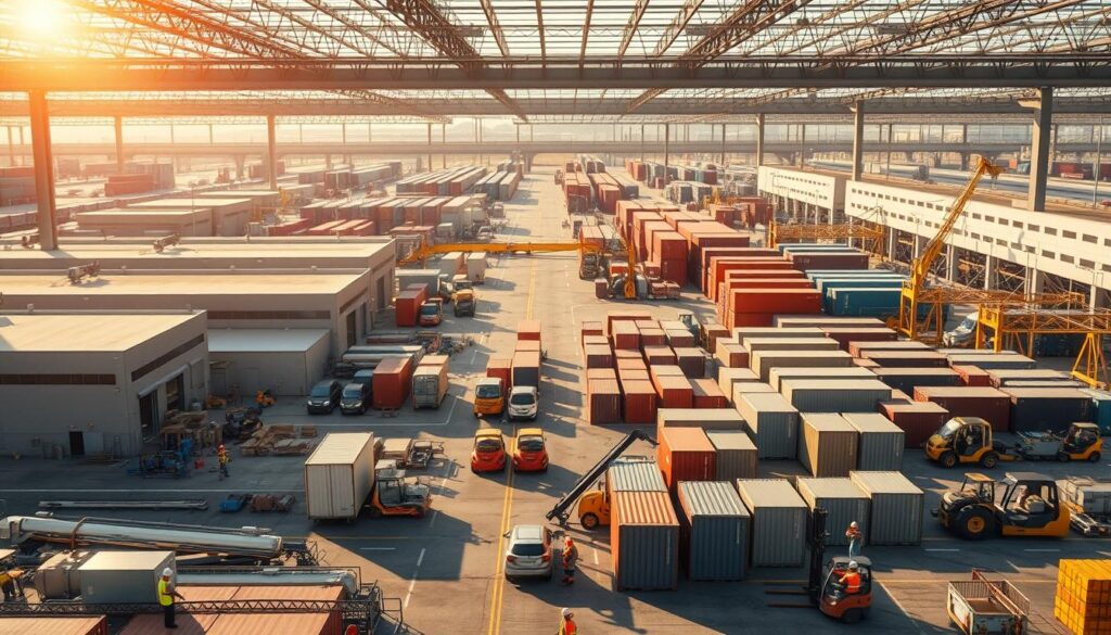 A bustling industrial complex with modern factory buildings, warehouses, and logistics hubs. In the foreground, workers in hard hats and safety gear coordinate the loading and unloading of cargo containers. Conveyor belts and forklifts move materials efficiently. In the middle ground, meeting rooms and offices where supplier contracts and manufacturing details are discussed. The background features a web of transportation routes - highways, railways, and shipping lanes - connecting the complex to global markets. Warm sunlight filters through windows, casting a productive, collaborative atmosphere. The scene conveys the intricate supply chain and strong supplier relationships that enable fast fashion production.