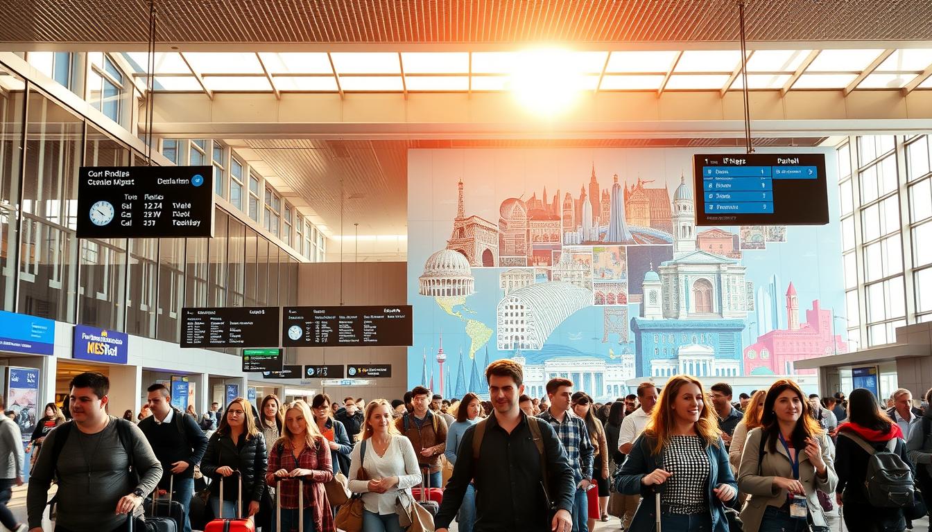 A bustling international airport terminal, bathed in warm, natural lighting filtering through large windows. In the foreground, a diverse group of travelers navigating the concourse, their luggage in tow, faces alight with the excitement of embarking on global adventures. The middle ground features sleek, modern architecture, with dynamic signage and digital displays showcasing departure gates and destinations. In the background, a vibrant mural depicting a collage of iconic landmarks from around the world, evoking a sense of cultural diversity and the thrill of international travel. The overall atmosphere conveys the energy, anticipation, and interconnectedness of the global travel experience.