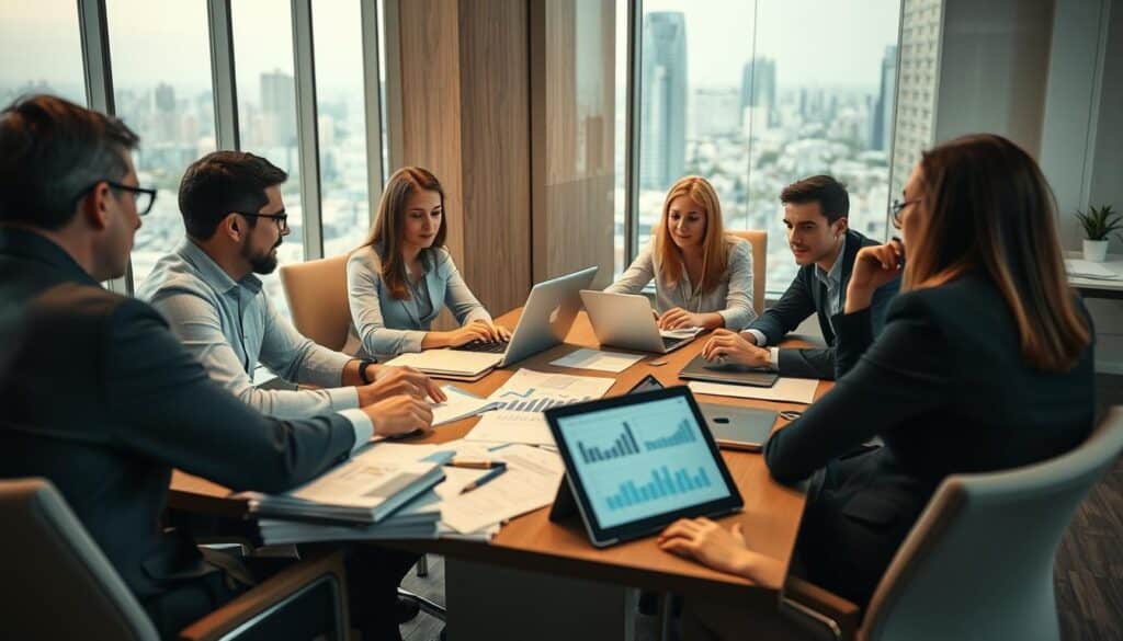 A bustling office scene with a group of business professionals engaged in a lively discussion around a conference table. The table is cluttered with stacks of paperwork, laptops, and a tablet displaying a graph or financial diagram. The lighting is warm and subtle, casting a soft glow on the faces of the participants. In the background, a floor-to-ceiling window overlooks a cityscape, hinting at the broader commercial context. The overall atmosphere conveys a sense of collaboration, problem-solving, and the intricate web of financial transactions that underpin the success of small and medium-sized businesses.