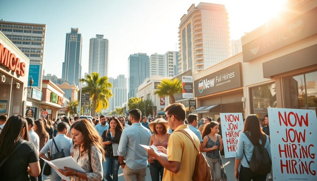 A bustling street scene in a vibrant Mexican city, showcasing the diverse employment opportunities available locally. In the foreground, a group of people perusing job listings and networking at a lively employment fair, their expressions hopeful and determined. The middle ground features storefronts and small businesses, each with a 'Now Hiring' sign, reflecting the dynamic local job market. In the background, towering skyscrapers and modern office buildings stand as a testament to the city's thriving economy. The scene is bathed in warm, golden sunlight, creating a sense of energy and opportunity. A dynamic, immersive image that captures the essence of local employment in Mexico.