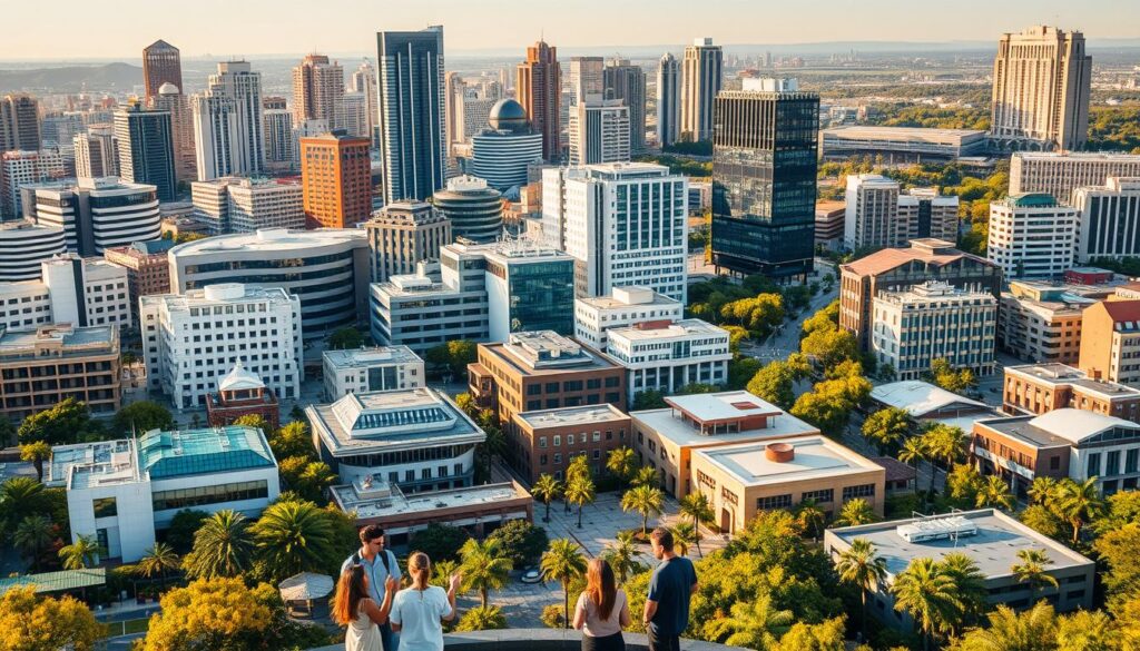 A bustling university campus nestled within a modern cityscape, featuring an array of distinct architectural styles. In the foreground, a group of students engage in lively discussions, gesturing towards the various academic buildings surrounding them. The middle ground showcases a diverse range of specialized facilities, from sleek tech hubs to state-of-the-art research labs. In the background, towering skyscrapers and lush green spaces create a dynamic, vibrant atmosphere. The scene is illuminated by warm, golden lighting, conveying a sense of innovation and academic excellence. The overall composition highlights the diverse educational opportunities and specialized programs available within this thriving Mexican university landscape.