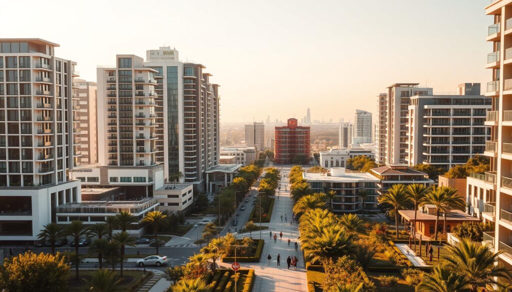 A bustling urban landscape in Mexico, showcasing a diverse range of modern high-rise buildings, luxurious residential complexes, and commercial developments. The scene is bathed in warm, golden hues, casting a serene and inviting atmosphere. In the foreground, well-manicured greenery and landscaping add a touch of natural beauty, complementing the sleek architectural designs. In the middle ground, people are seen strolling along the sidewalks, highlighting the vibrant and active nature of the neighborhood. The background features a distant skyline, accentuating the scale and scope of the real estate opportunities available. The overall composition conveys a sense of prosperity, growth, and the promise of lucrative investment opportunities in Mexico's thriving real estate market.