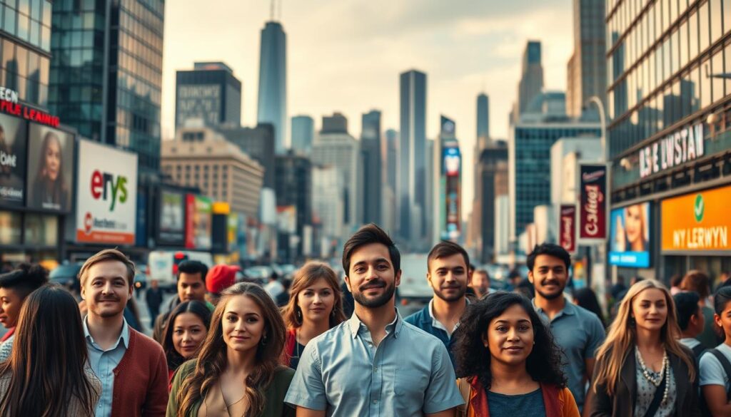 A bustling urban setting, with a vibrant cityscape in the background featuring towering skyscrapers and a busy street scene. In the foreground, a diverse group of individuals are gathered, each representing different types of loans without collateral - personal loans, small business loans, student loans, and more. The scene is captured with a warm, inviting lighting, conveying a sense of accessibility and opportunity. The composition uses a slightly elevated perspective to showcase the range of loan options available, while maintaining a sense of approachability and human connection. The overall mood is one of financial empowerment and the possibility of achieving one's goals through alternative financing solutions.