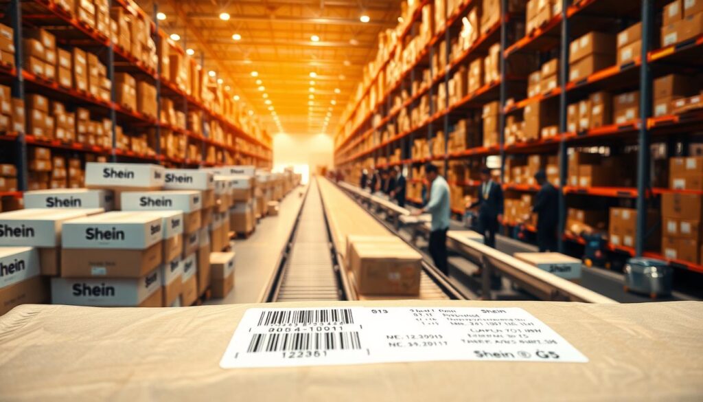 A bustling warehouse interior bathed in warm, diffused lighting. Rows of neatly stacked boxes bearing the Shein logo line the shelves, conveyor belts rhythmically transporting packages towards the center of the frame. Uniformed workers scurry about, efficiently processing orders and preparing shipments. The atmosphere is one of controlled chaos, a well-oiled logistics machine in action. In the foreground, a close-up view of a Shein-branded shipping label, its barcode and tracking details clearly visible, ready to be affixed to an outgoing parcel. The overall scene conveys the efficiency and scale of Shein's shipping operations, a crucial component of the customer experience.