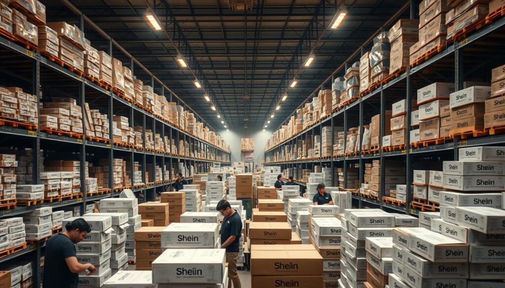 A bustling warehouse interior, dimly lit by warm overhead lighting. Rows of shelves stretch into the distance, filled with neatly stacked Shein packages ready for shipping. In the foreground, a team of logistics workers carefully inspect and package orders, their movements efficient and practiced. The atmosphere is one of controlled chaos, with a sense of urgency balanced by the precision of the operation. The camera angle is slightly elevated, providing a bird's-eye view of the scene, capturing the scale and complexity of the fulfillment process. This image conveys the ongoing impact on Shein customers, as their orders move through the supply chain, even in the face of uncertainty surrounding the brand's future. A bustling warehouse interior, dimly lit by warm overhead lighting. Rows of shelves stretch into the distance, filled with neatly stacked Shein packages ready for shipping. In the foreground, a team of logistics workers carefully inspect and package orders, their movements efficient and practiced. The atmosphere is one of controlled chaos, with a sense of urgency balanced by the precision of the operation. The camera angle is slightly elevated, providing a bird's-eye view of the scene, capturing the scale and complexity of the fulfillment process. This image conveys the ongoing impact on Shein customers, as their orders move through the supply chain, even in the face of uncertainty surrounding the brand's future.