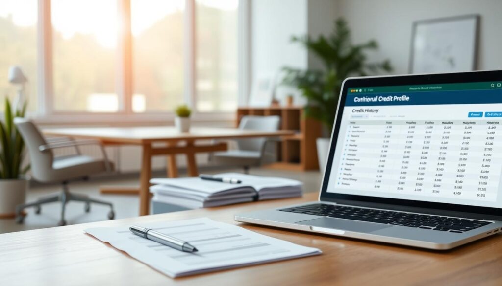 A clean and well-organized financial profile, with a detailed credit history, presented against a backdrop of a tidy office space. The foreground features a laptop displaying a digital credit report, its crisp display illuminated by soft, natural lighting filtering in through large windows. In the middle ground, a stack of organized documents and a pen resting on a wooden desk, conveying a sense of diligence and attention to detail. The background showcases a minimalist, modern interior design, with neutral tones and sleek, minimalist furnishings, creating a calm and professional atmosphere.