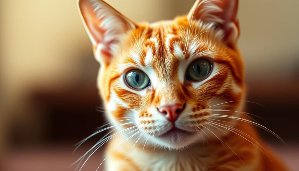 A close-up shot of a sleek and elegant cat, its piercing gaze fixed directly at the viewer. The feline's fur is a vibrant shade of orange, meticulously groomed and shimmering in the warm, diffused lighting. The background is a soft, blurred gradient, allowing the cat's features to take center stage. The composition is carefully balanced, with the cat's head positioned in the foreground, creating a sense of depth and drawing the viewer's attention to the captivating expression. The overall mood is one of sophistication and confidence, mirroring the subject matter of "Créditos Online Rápidos y Seguros en México" and the section on "Costos, intereses y cargos ocultos".