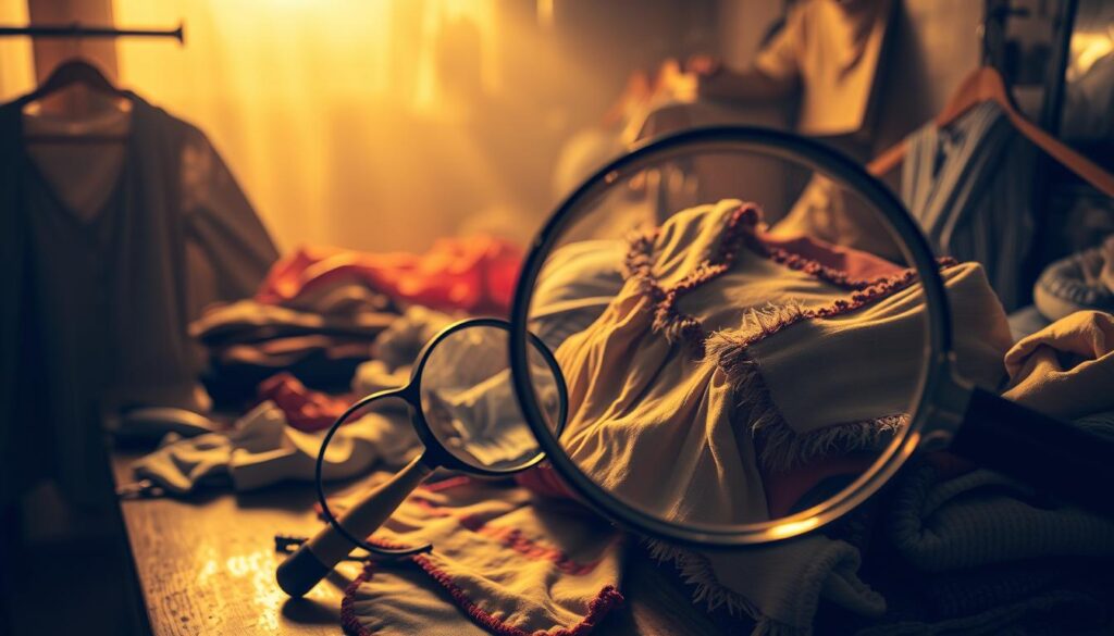 A cluttered workbench with various Shein clothing items, some visibly flawed - uneven stitching, peeling fabric, and misaligned patterns. The scene is lit by a warm, amber-tinted light, casting long shadows and creating a sense of unease. In the foreground, a magnifying glass hovers over a tattered garment, hinting at close inspection and quality concerns. The background is hazy, with indistinct shapes and forms, further emphasizing the focus on the problematic merchandise. The overall atmosphere conveys a sense of disappointment and a desire to uncover the truth about Shein's quality control.