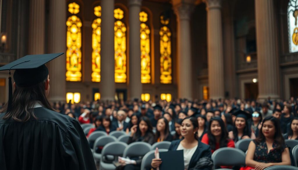 A crisp, well-lit image of a university graduation ceremony in Mexico. In the foreground, a graduate in traditional cap and gown stands proudly, their diploma in hand. In the middle ground, rows of chairs filled with proud family members and friends, all adorned in celebratory attire. The background features the ornate architecture of the university, with towering columns and stained glass windows bathed in warm, golden light. The scene conveys a sense of accomplishment, tradition, and the financial considerations involved in achieving this academic milestone, suitable for the "Costos y becas relacionadas con la titulación" section of the article.