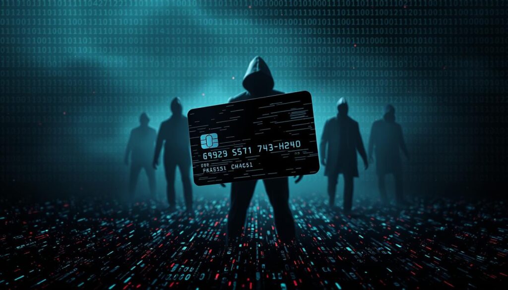 A dark, ominous digital landscape with a central debit card hovering in the foreground, its surface glitching and distorted. In the middle ground, shadowy figures loom, their forms obscured by a haze of digital noise. The background is a turbulent sea of binary code, flickering and pulsing with the ominous energy of online threats. The overall atmosphere conveys a sense of vulnerability and the ever-present dangers of using a debit card on untrustworthy online marketplaces. Dramatic lighting casts dramatic shadows, emphasizing the precarious nature of the scene. A wide-angle lens captures the vast scale of the digital threats, while a shallow depth of field keeps the focus on the central debit card, the subject of the viewer's concern. A dark, ominous digital landscape with a central debit card hovering in the foreground, its surface glitching and distorted. In the middle ground, shadowy figures loom, their forms obscured by a haze of digital noise. The background is a turbulent sea of binary code, flickering and pulsing with the ominous energy of online threats. The overall atmosphere conveys a sense of vulnerability and the ever-present dangers of using a debit card on untrustworthy online marketplaces. Dramatic lighting casts dramatic shadows, emphasizing the precarious nature of the scene. A wide-angle lens captures the vast scale of the digital threats, while a shallow depth of field keeps the focus on the central debit card, the subject of the viewer's concern.